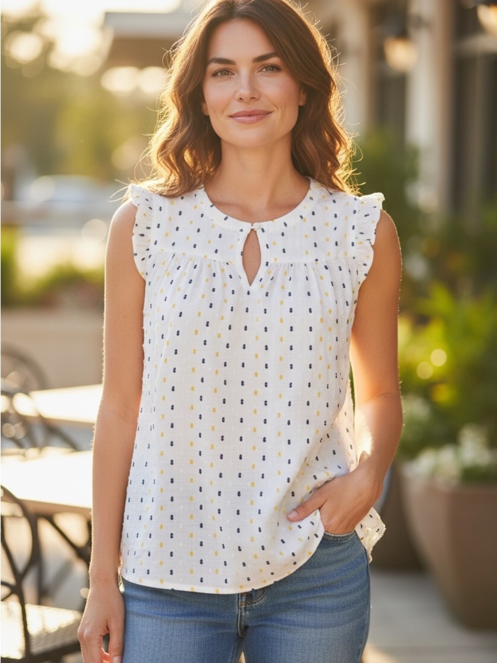 LOFT White Sleeveless Dot-Print Ruffle Keyhole Top